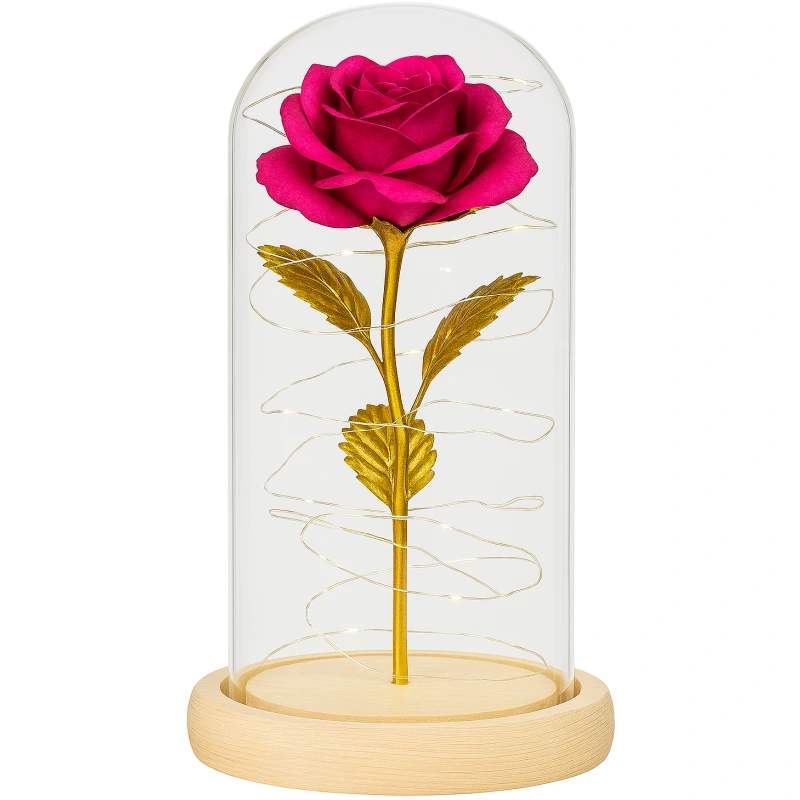 Wieczna Róża w Szkle - 2061- Róża metalizowana z drewnianą podstawą